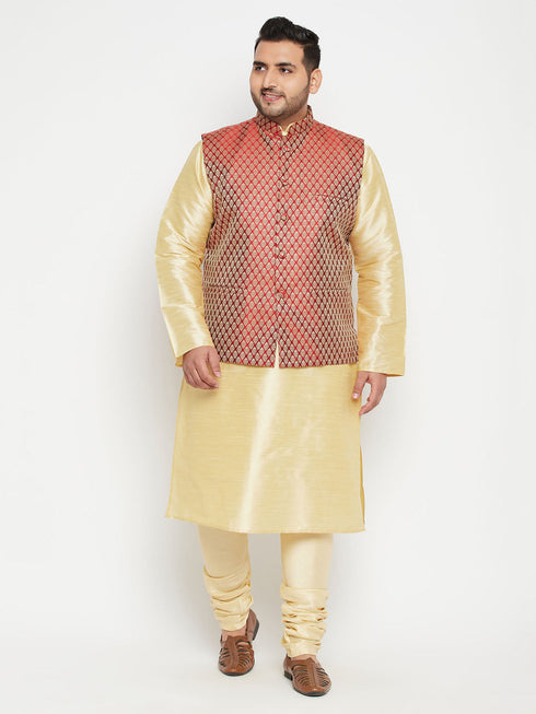 Vastramay Men's Plus Size Maroon Woven Nehru Jacket
